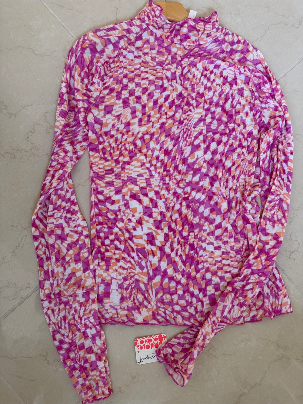 FP Movement Pink Pattern Mock Neck Top in light weight flowy fabric S NWT